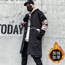 Зимний Тренч с капюшоном, Мужская теплая ветровка Harajuku с буквенным принтом, мужская повседневная верхняя одежда, хип-хоп кардиган-пончо