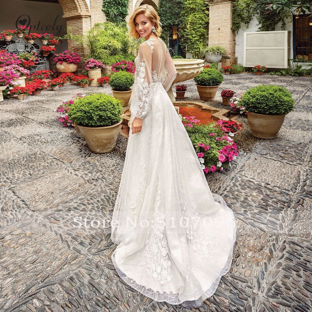 Optcely Vestido de Noiva элегантное ТРАПЕЦИЕВИДНОЕ Тюлевое свадебное платье с круглым вырезом и пышными рукавами мусульманское платье с аппликацией из бисера и шлейфом