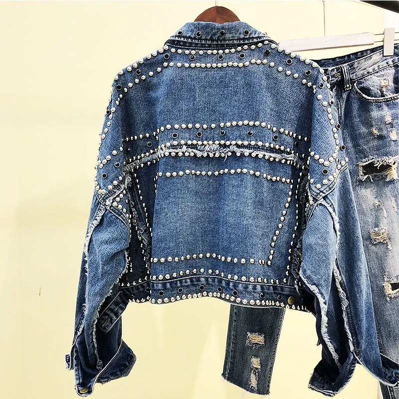 Женская красная Джинсовая Куртка Harajuku, пальто, осенняя Тяжелая ручная вышивка стразами, с заклепками, короткая черная джинсовая куртка, базовая Студенческая куртка