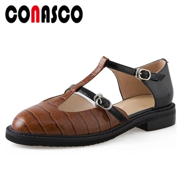 

CONASCO Concise Retro Women Pumps Genuine Leather T-Strap Shoes Low Heels Office Casual Shallow Shoes Woman 2020 New Round Toe