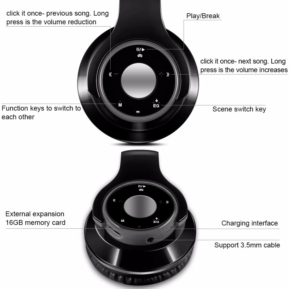 Стерео сабвуфер Bluetooth наушники беспроводные складные регулятор громкости Музыкальная гарнитура с микрофоном Поддержка TF карты fm-радио