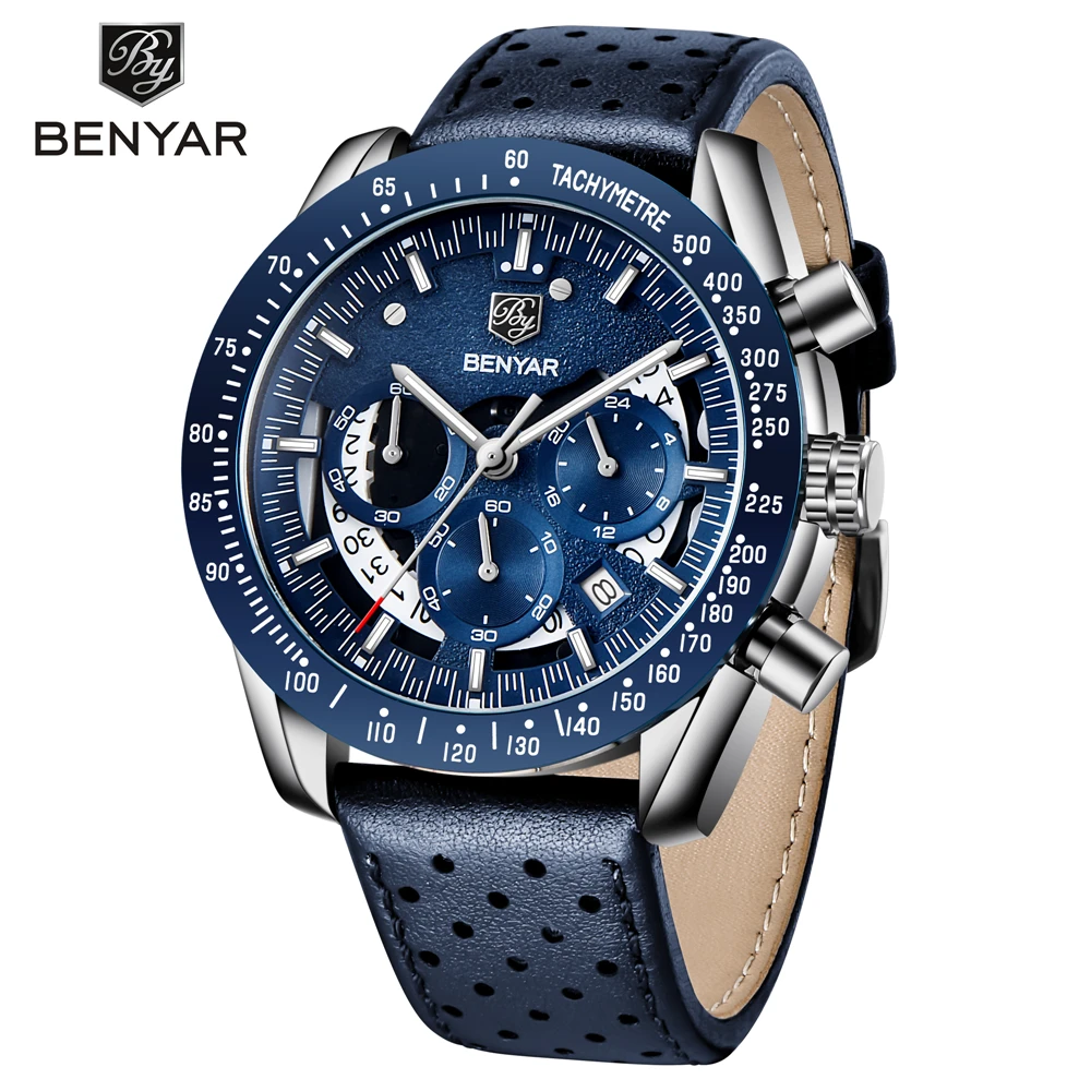 

2020 New Mens Watch Luxury Brand BENYAR Mens Blue Watch Stainless Steel Watch Mens Chronograph Waterproof Relogio Masculino+box