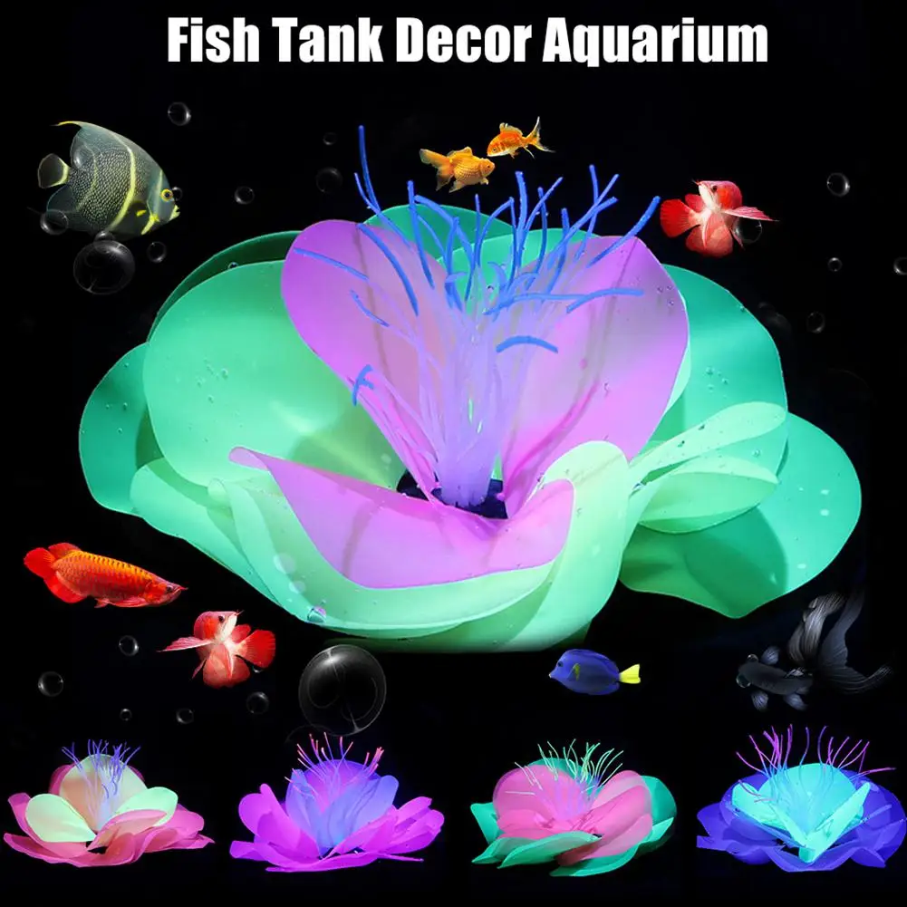 Aquarium Artificial Simulation Soft Silicone Fluorescent Flower Fish Tank Decoration Aquatic Water Lily Plant Coral Ornaments | Дом и сад