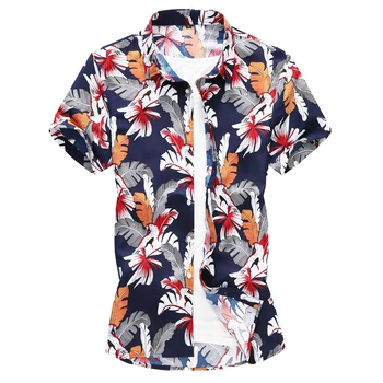 

7XL New red and blue -Men's Slim fit Flower Printed Shirts Male Short Sleeve Floral Shirt Men Basic Tops Casual Plus Size Shirts