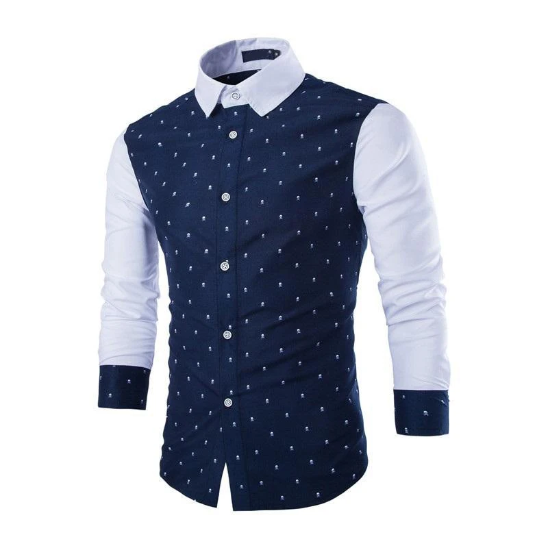 Autumn Mens Shirts Patchwork Printed Smart Casual Masculino Fashion Male Shirts No Ironing Slim Long Sleeve Hombre MOOWNUC - Цвет: Navy