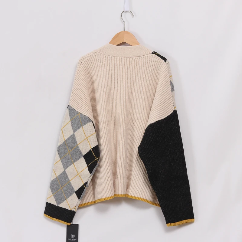 H.SA Women Vintage Sweater Cardigans V neck Geometric Retro Jacket Coats Knitwear Loose Sweater Oversized Thick Winter Coat