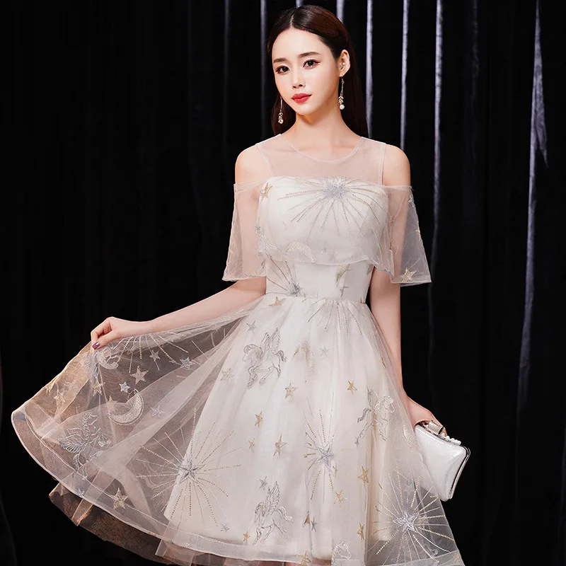 Elegant Light Blue Patchwork Mesh Dress Star Sequins Cheongsam Formal Party Gowns Female Embroidery Sexy Chinese Dress Qipao
