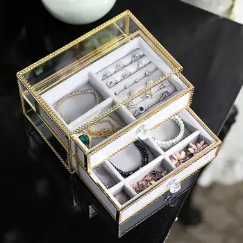 

2 layer Clear Glass Jewelry Box with Removable Velvet Drawer Tray - Vanity Vintage Metal Brass Lace Edged Jewellery Display Dus