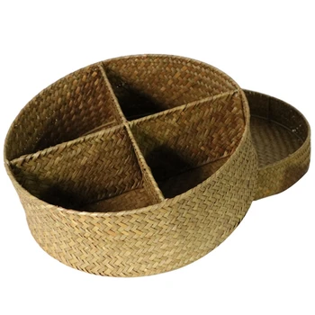 

1Pcs Round 4 Grids Sea Grass Pure Handmade Woven Basket Rattan Box Desktop Storage Baskets Cosmetics Sundries Holder Home Decor