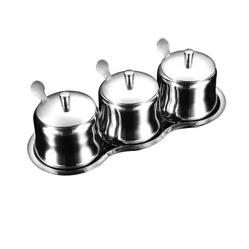 

3pcs in 1 Set Seasoning Box Condiment Stainless Steel Compartment Spice Jars Organizer Storage Box for Sugar Salt Pepper