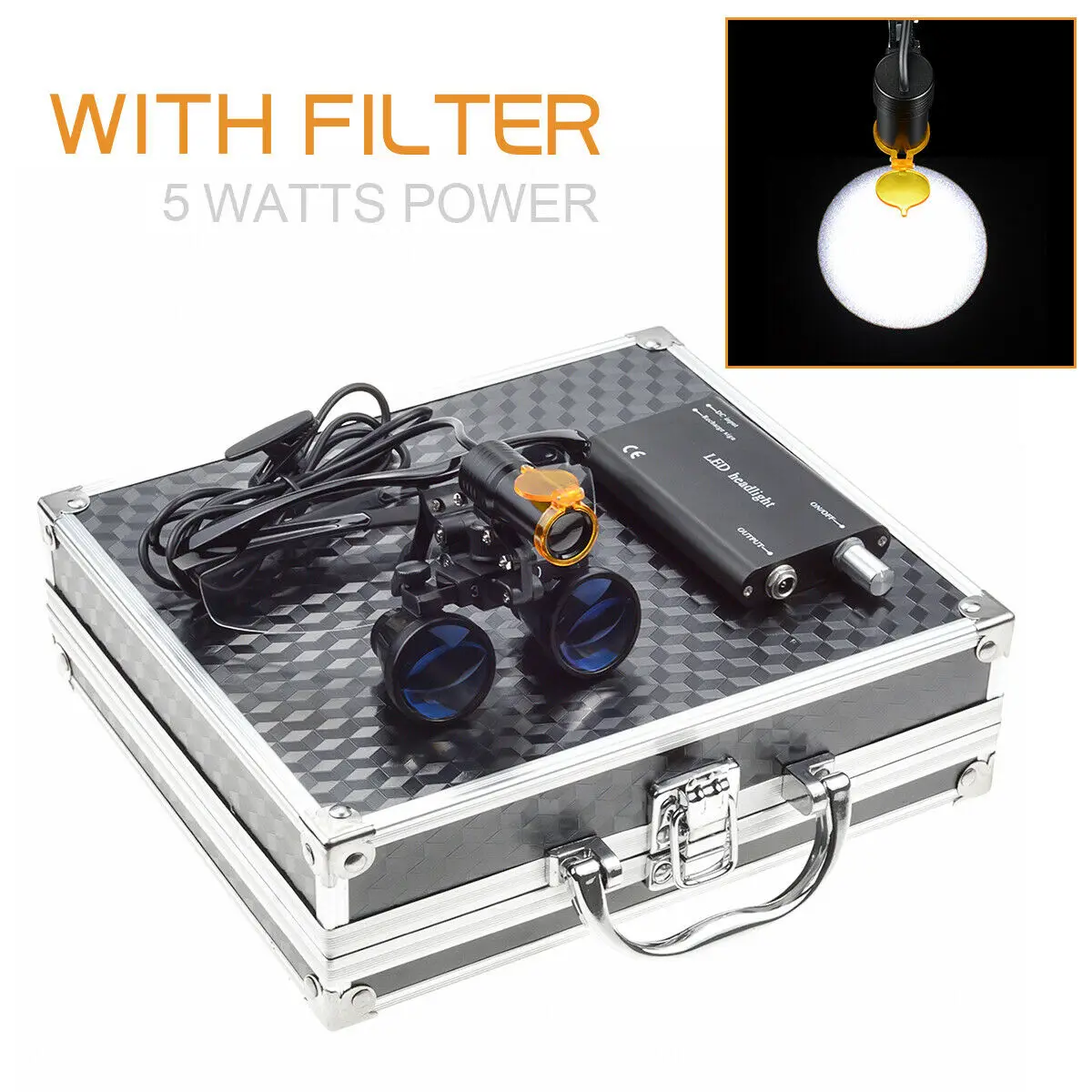 

Dental Loupes Light Magnifying Glasses+5W Magnifying Lamp LED Headlight with Filter Aluminum Box 2.5X/3.5X Black