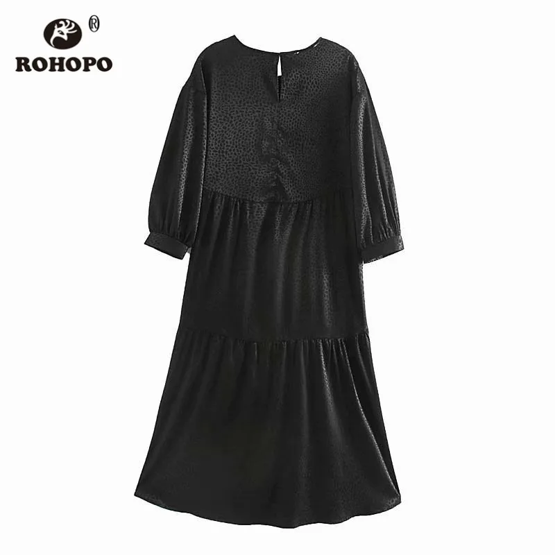 ROHOPO, круглый воротник, половина рукава, черное платье миди с животным принтом, жаккардовое, высокая, низкая длина, каскадные оборки, макси платье#9428