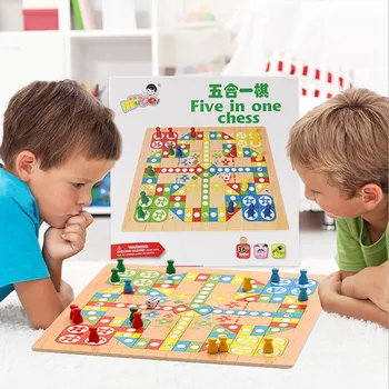 

High Quality 3d Color Wooden Children's Five-in-one Multi-function Flying Chess Game Toys Children's Learning & Education