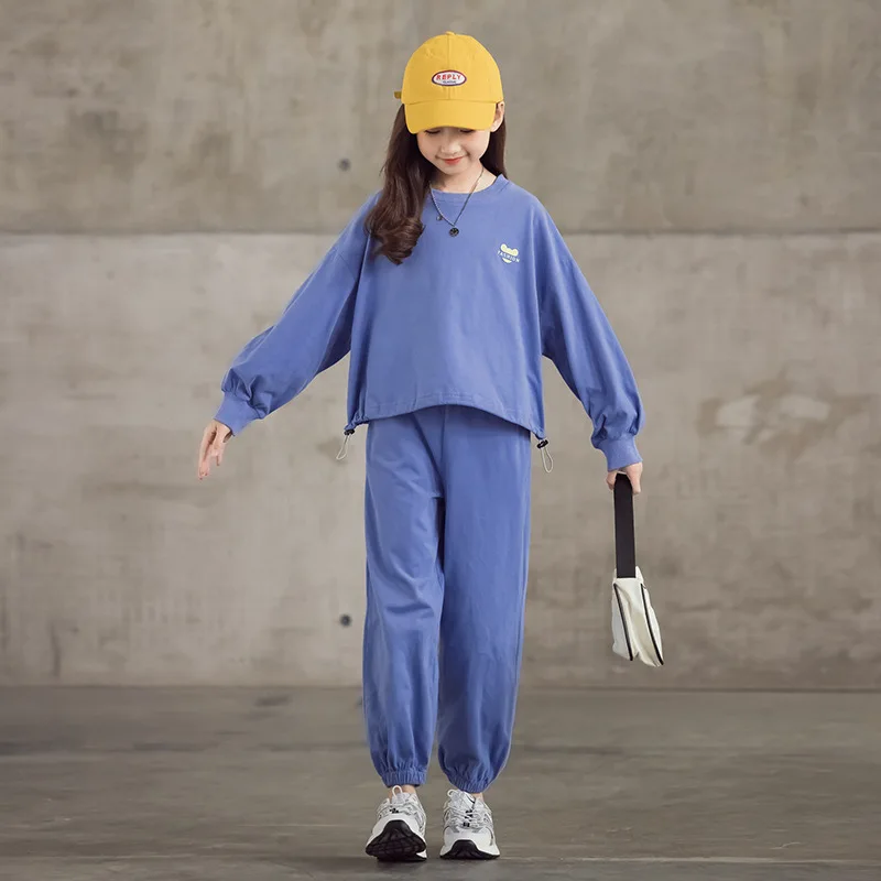 

10 12 years Kids Girls Fashion Casual Sets 2021 New Long Sleeve Purple Cotton Sweatshirt Jogger Pants Suits