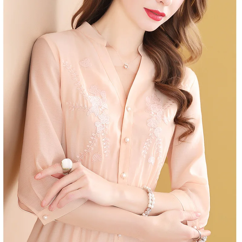 

Spring Clothing Three-quarter-length Sleeve Embroidered Slimming Dress Women's Spring And Autumn Mid-length 2019 New Style Popul