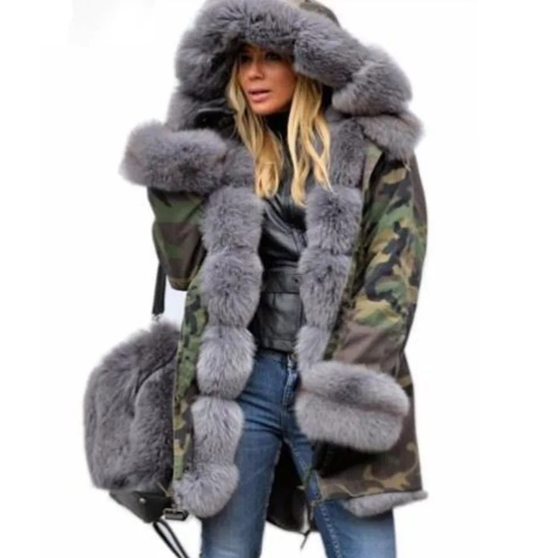 CamouflageGray Женское пальто из искусственного меха размера плюс, теплая парка, женские толстые меховые пальто в стиле милитари, женская зимняя куртка, пальто с капюшоном, пальто, хлопковые парки - Цвет: CamouflageGray