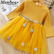 Menoea/осеннее платье для девочек Новинка года, Повседневная стильная одежда в полоску для девочек детское платье с длинными рукавами и сетчатым узором, одежда платье для детей возрастом от 3 до 7 лет