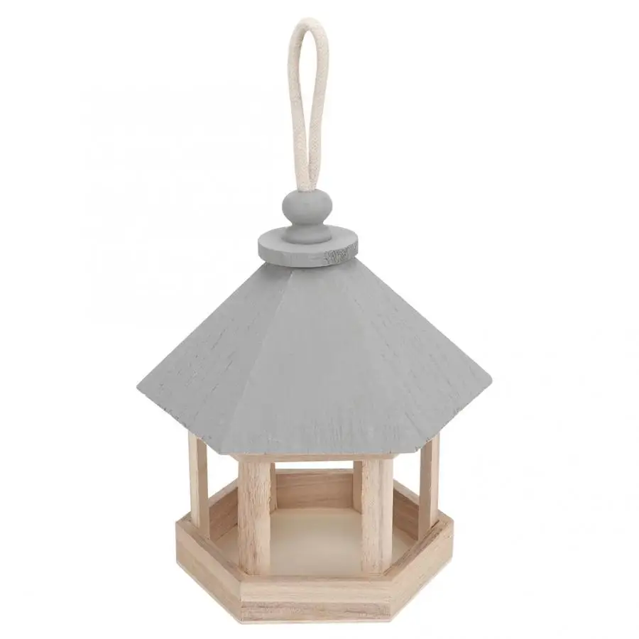 Wooden Birds House Shaped Feeder Cage Hollow Food Container Outdoor Garden Decoration Bird Shelter With Hanging Rope