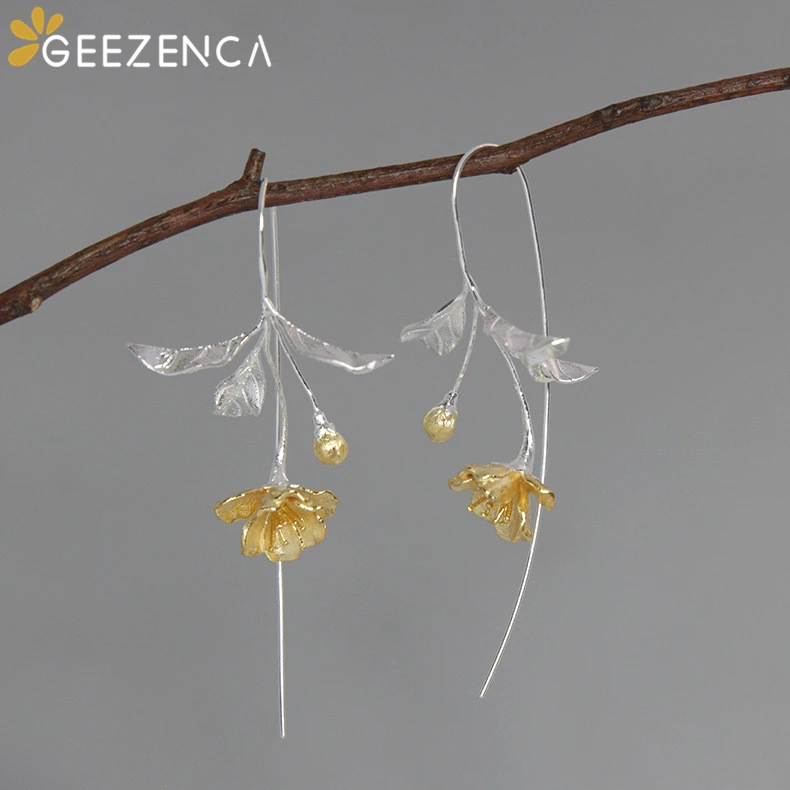 

925 Sterling Silver Gold Plated Crabapple Flower Earrings Fine Jewelry Women Original Design Ethnic Vintage Trendy Earring