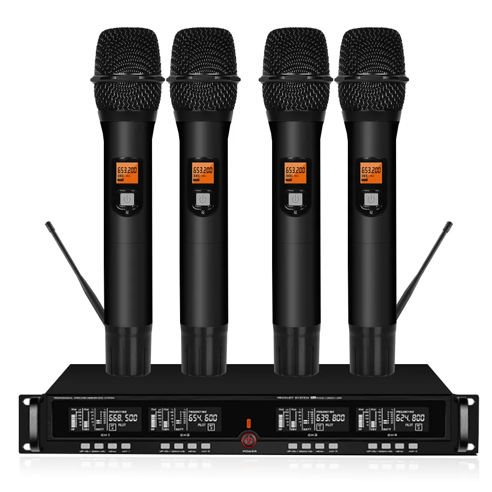 

Professional UHF wireless stage microphone system 4-channel 4 lavalier cordless microphone microphone headset with receiver
