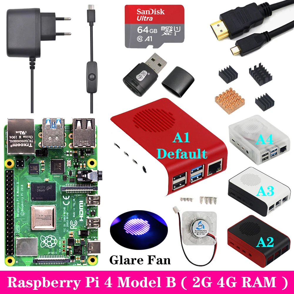  Raspberry Pi 4 2GB 4GB RAM with ABS Case Glare Fan 3A Power Supply Adapter Micro HDMI Cable for Ras