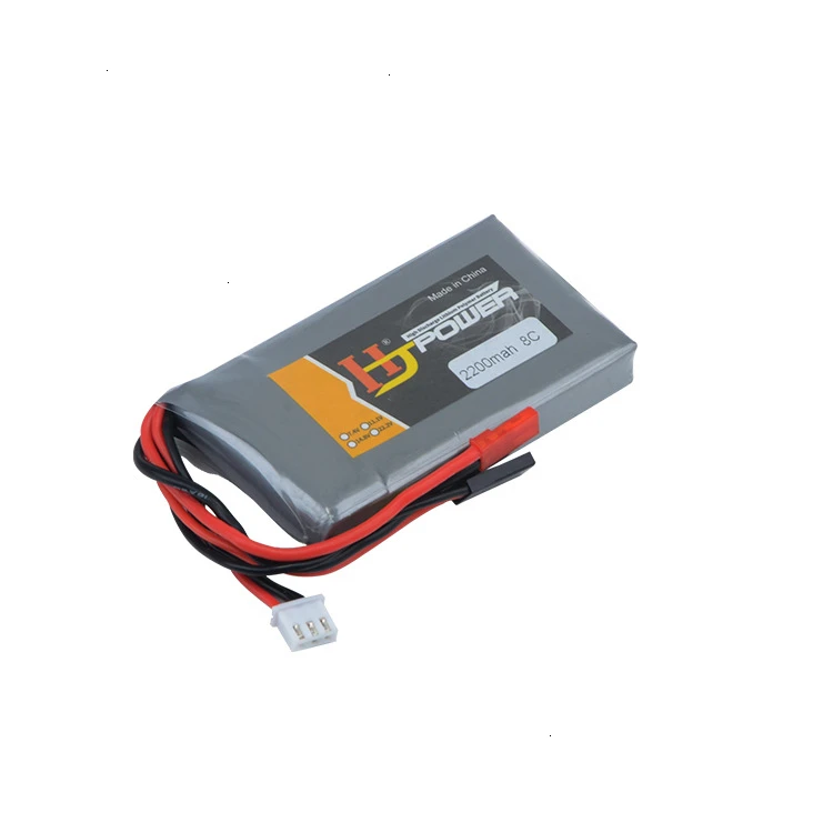 Batterie Lipo Haute Puissance 7.4V 2200mAh 2S pour télécommande Futaba, connecteurs XT60 en gros plan