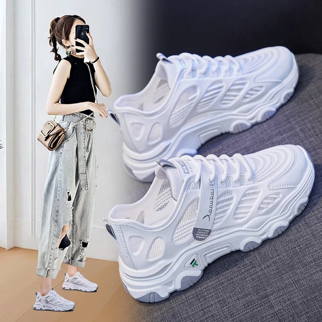 2021 summer new faddish women shoes schoolgirl hollow out air mesh casual sport shoes heightening chunky sneakers Clearance