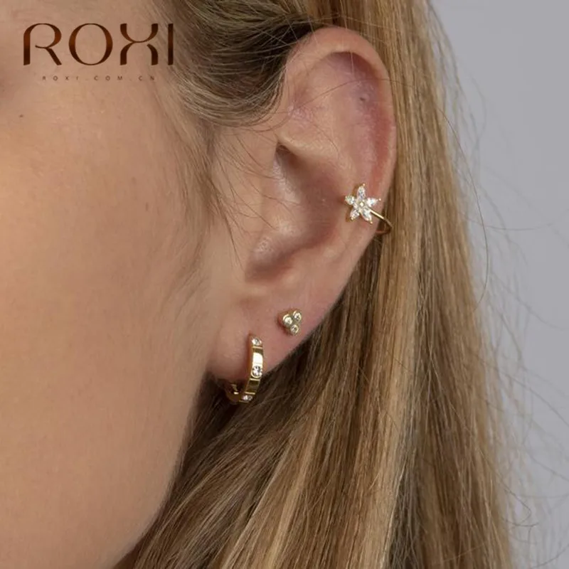 ROXI 925 пробы серебряные серьги-клипсы в виде снежинок без пирсинга с кристаллами модные ювелирные изделия для женщин серьга с рождественской тематикой в Корейском стиле