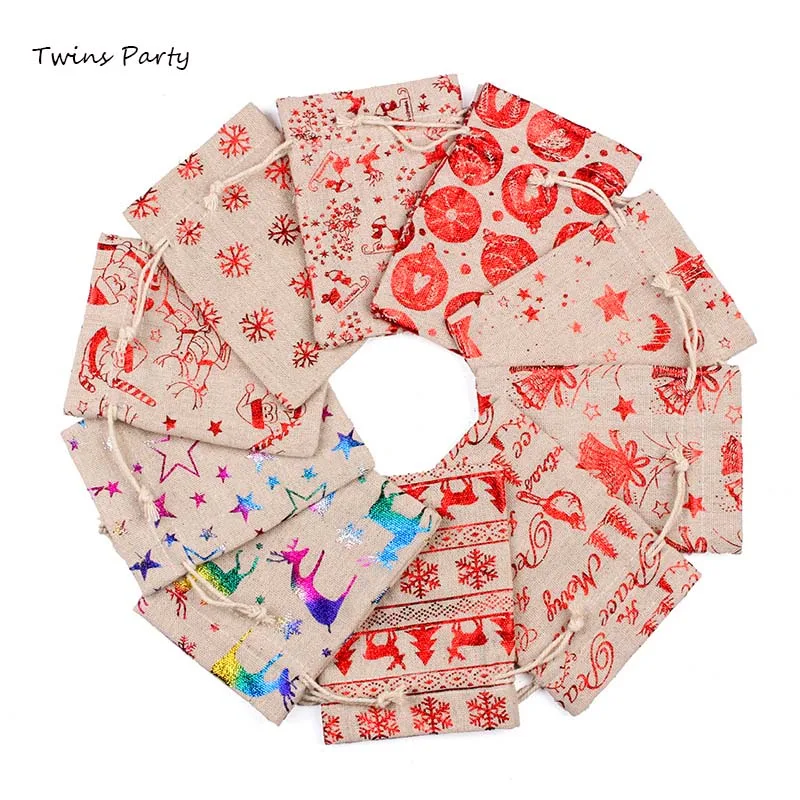 

Twins 50Pcs 13*18cm Burlap Christmas Gift Bag Jewelry Packaging Bags Wedding Party Decoration Drawable Bags Sachet Pouches