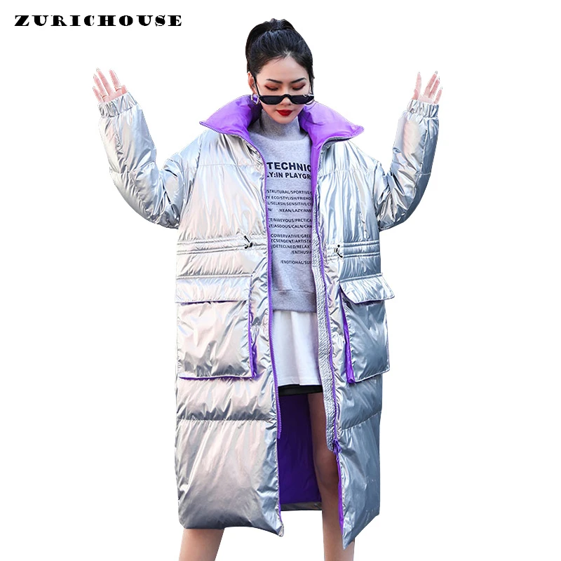 ZURICHOUSE зимняя куртка на утином пуху женская серебряная Глянцевая длинная пуховая парка модная водолазка зимняя свободная теплая пуховая куртка