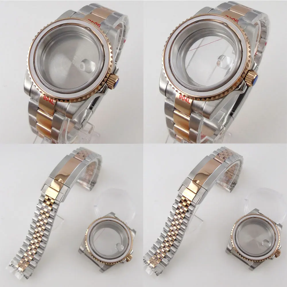 

40mm Rose Gold Plated Watch Case Fit For NH35/Miyota 8215/ETA 2836/DG 2813 Sapphire Glass solid/316L Bracelet Rotating Bezel