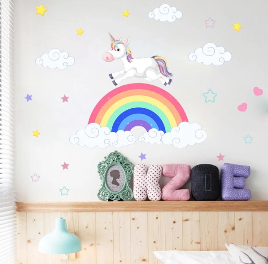 Gokkusagi Unikorn Duvar Sticker Bebek Kres Unicorn Bulutlar Duvar Cikartmalari Kiz Odasi Gokkusagi Duvar Cikartmasi Diy Odasi Dekor Fx Wall Stickers Aliexpress