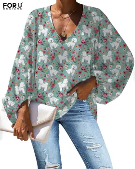 

FORUDEGINS Boxer/Corgi/Greyhound/Pug Dog Pattern Printed Women Blouse Top Female Clothes V-Neck Comfortable blusas mujer de moda
