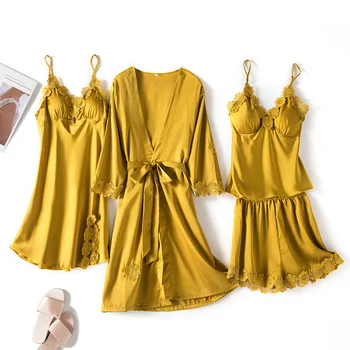 

Summer 4 Pieces Set Solid Satin High Quality Lace silk Sexy Sleepwear With Chest Pad Pajamas for women Home Wear nightwear new