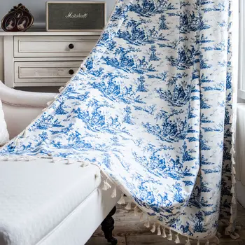 

Modern Luxury Cotton-Linen Curtains Tassel Printed American Country Style Curtain Fringe Blue Kitchen Bedroom Living Room