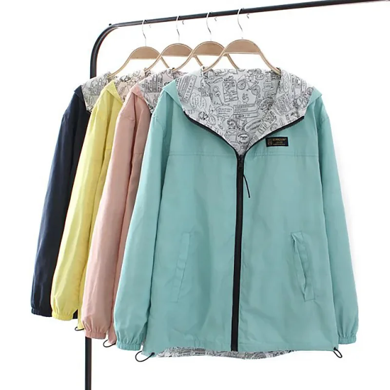

Spring Autumn Jacket Zipper Hooded Two Side Wear Outwear Loose Plus Size Windbreaker Famale Clothes