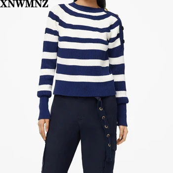 

XNWMNZ za winter sweaters women england style fashion buttons in shoulder navy striped pull femme sweaters women pullovers tops