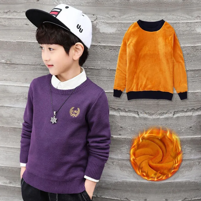 purple fleece Свитер для мальчиков-подростков; теплая трикотажная одежда; Однотонный детский флисовый хлопковый пуловер; свитер; Новогодняя осенне-зимняя детская одежда - Цвет: purple fleece