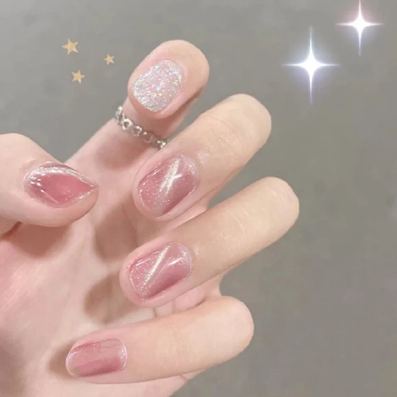 24pcs False Nail Tips Cat Eye Color Fake Nails Medium SquareBean Paste Finished Press On For Girls Woman | Красота и здоровье