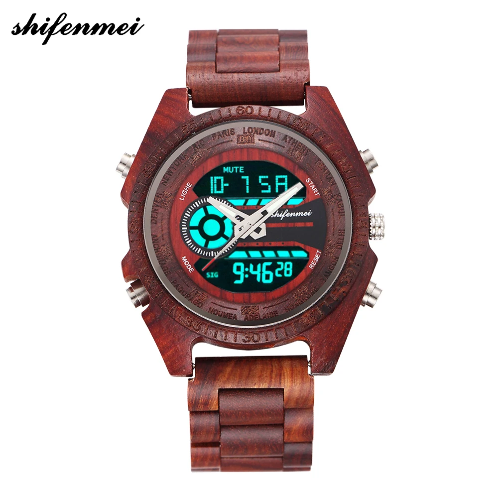 

Wooden Watch SHIFENMEI Dual Display Men Watch Chronograph Outdoor Sport Quartz Wrist Watch Luminous Hands Stop Watch Relojes