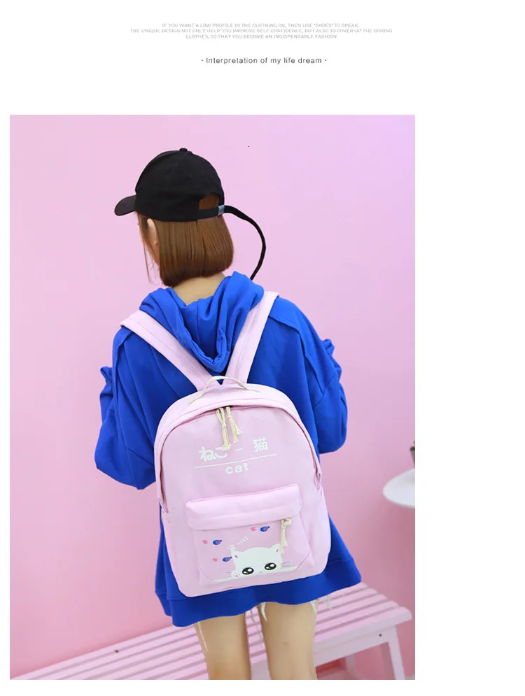 Fashion Cartoon Kitten backpack for ladies High quality canvas school bag for teen girls College 4pcs/set school backpacks