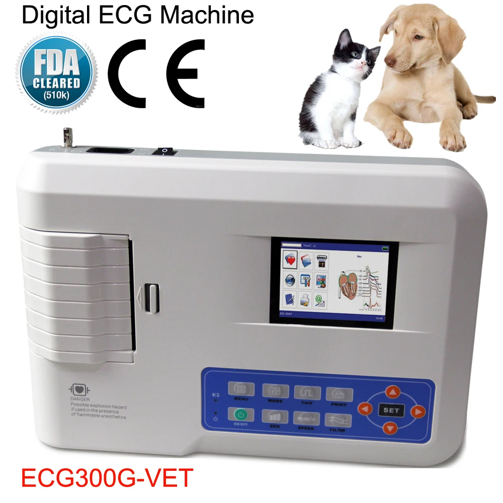 ECG300G-Vet Digital Veterinary Elektrokardiograph Animal 3 Channel Lead ECG Machine Portable EKG Mo