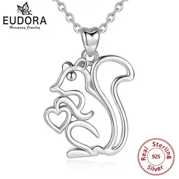

EUDORA 925 Sterling Silver Lovely Squirrel Pendant Big tail squirrel hearts pine cones Necklace Fun Fine Jewelry Gift CYD284