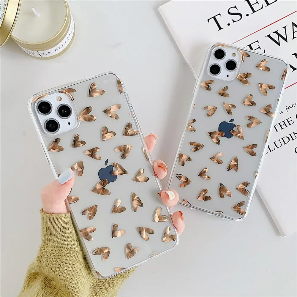 Gold Plating Glitter Love Heart Silicone Transparent Hard Phone Case For iPhone 6 6S 7 8 Plus XR XS X 10 11 Pro Max Cover Coques | Мобильные