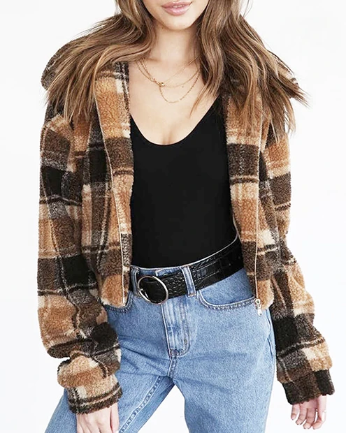 Everkaki/пальто из овечьей шерсти в клетку, куртки для женщин, зимние, Boho, толстые карманы, винтажные, на молнии, повседневные куртки, пальто, женские,, зимние, новые