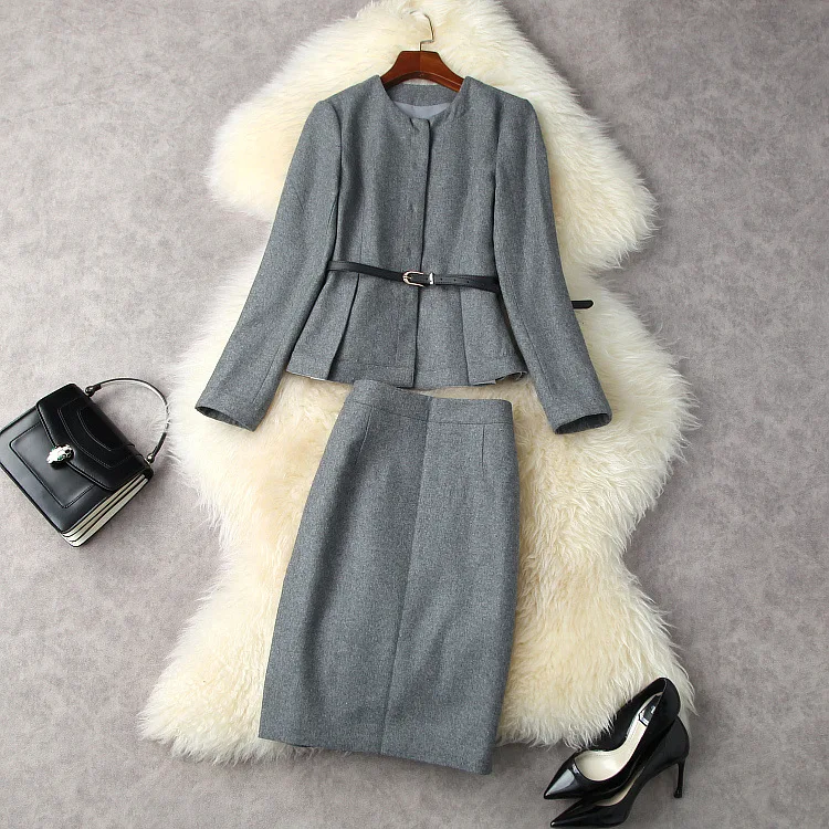 

European and American women's clothing winter 2022 new Long sleeve belted coat skirts Fashionable woollen cloth two-piece suit