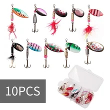 10 Pieces of Lure Sequins Set with Feathers and Barbed Hooks Rotating Metal Sequins Bait Three Hooks Fake Bait Fish Hooks