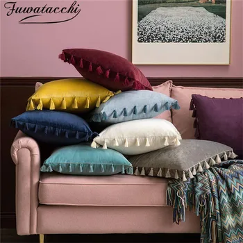 

Fuwatacchi Simple Style Solid Cushion Cover Velvet Fabric Pillow Cover for Home Sofa Decorative Tassel Throw Pillow Case 45x45cm