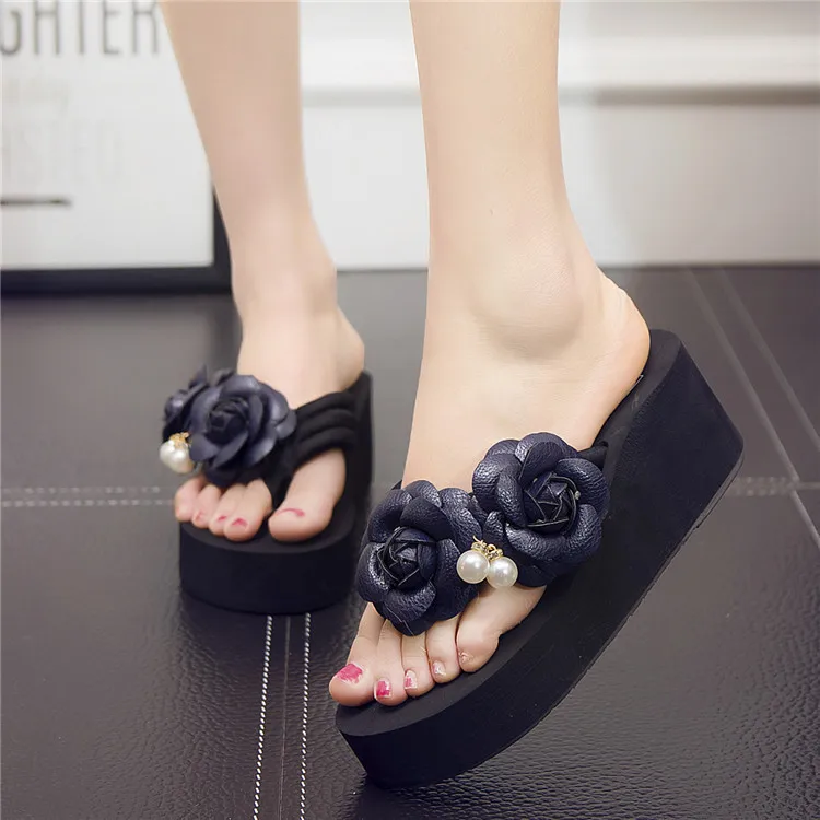 

2018 Summer Handmade Flower Flip-flops Women's Thick Bottomed High-Heel Anti-slip Angle Sandals Large Size DIY Sandals