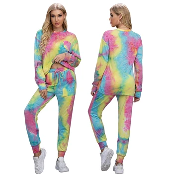 

2020 Fashion Trend Women's Two Piece Set Tie Dyed Pattern Long Sleeve Round Neck Pocket Hemming Trousers Pajama Sets Lounge Wear